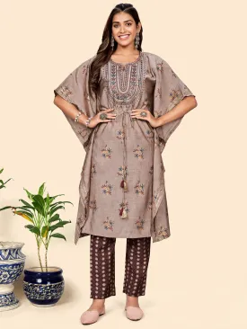 Women'S Embroidered & Mirror  Muslin Light Brown Stitched Kaftan Kurta With Pant Set