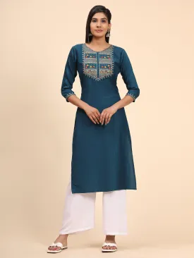 Women'S Embroidered Straight Chinon Blue Stitched Kurta