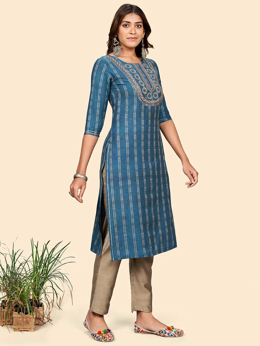 Women'S Embroidered Straight Cotton Auqa Stitched Kurta Pant With Dupatta