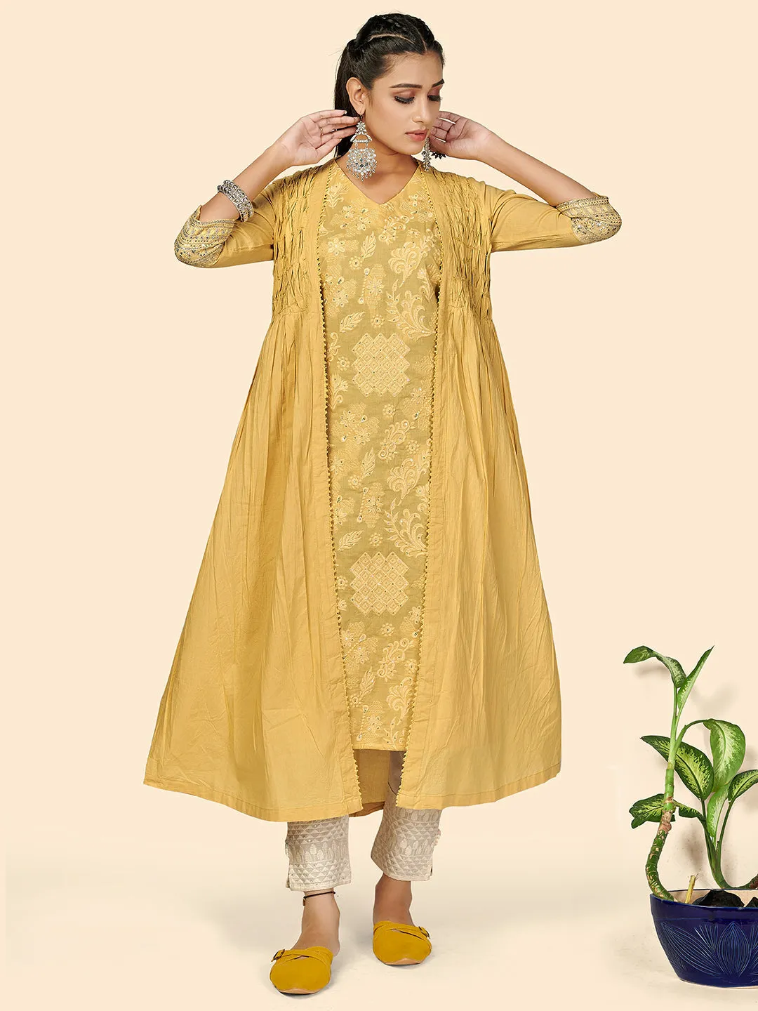 Women'S Embroidered Straight Cotton Yellow Stitched Kurta With Shrug