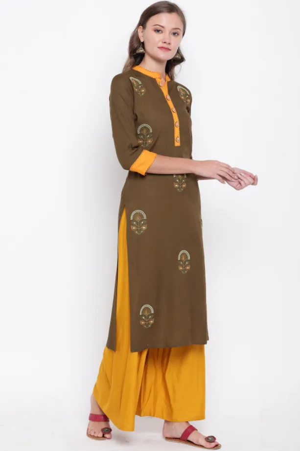 Women'S Embroidered Straight Rayon Mehendi Green Kurta (1Pc)