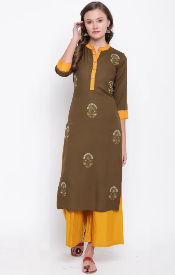 Women'S Embroidered Straight Rayon Mehendi Green Kurta (1Pc)