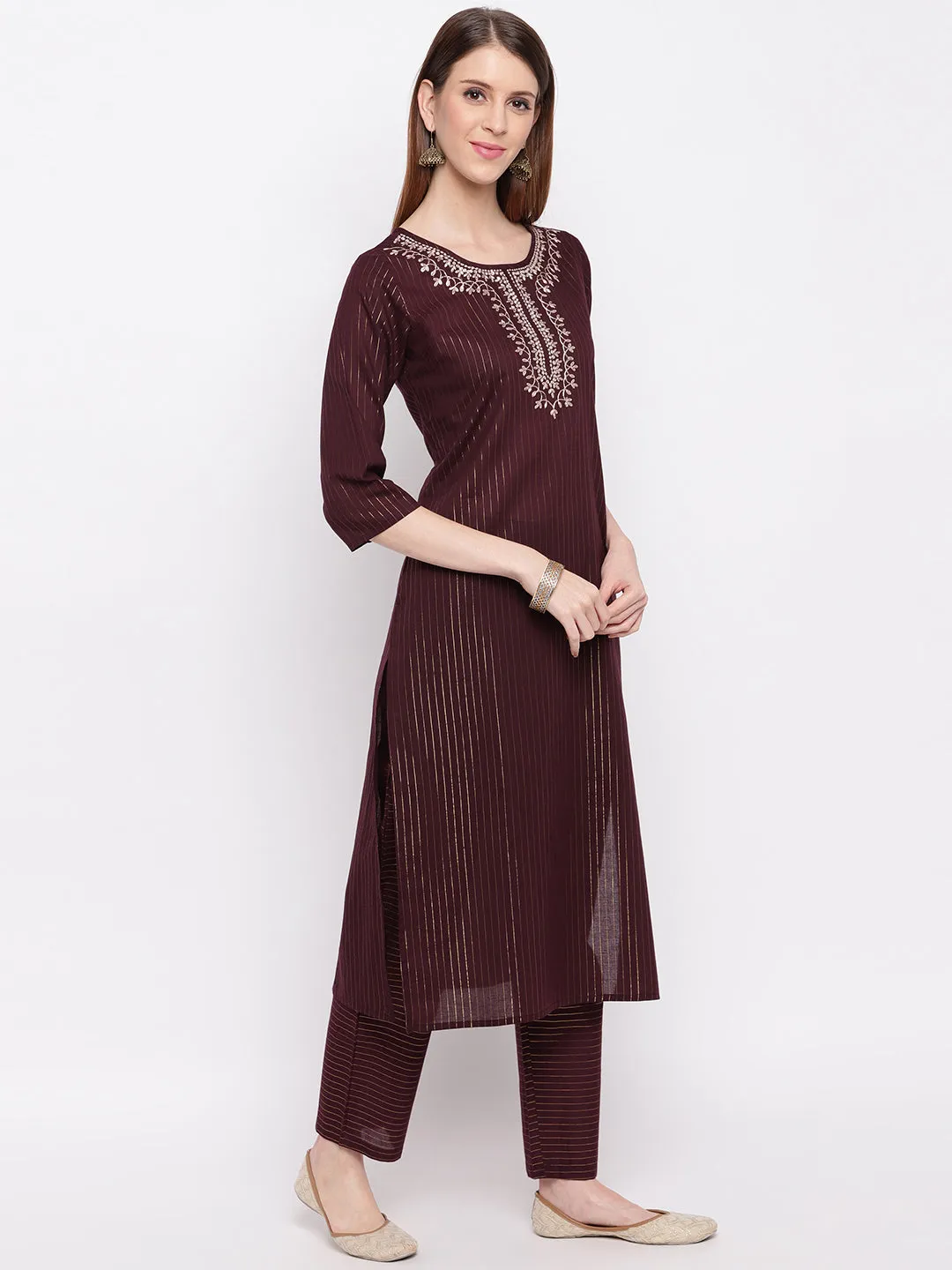 Women'S Embroidered / Striped Print Straight  Maroon(Wine) Kurti With Pant Set