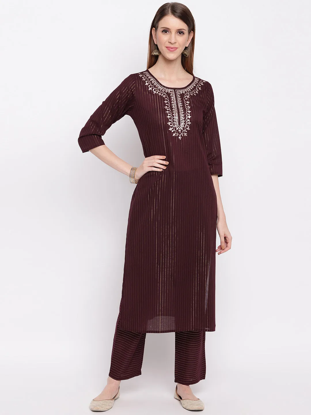 Women'S Embroidered / Striped Print Straight  Maroon(Wine) Kurti With Pant Set