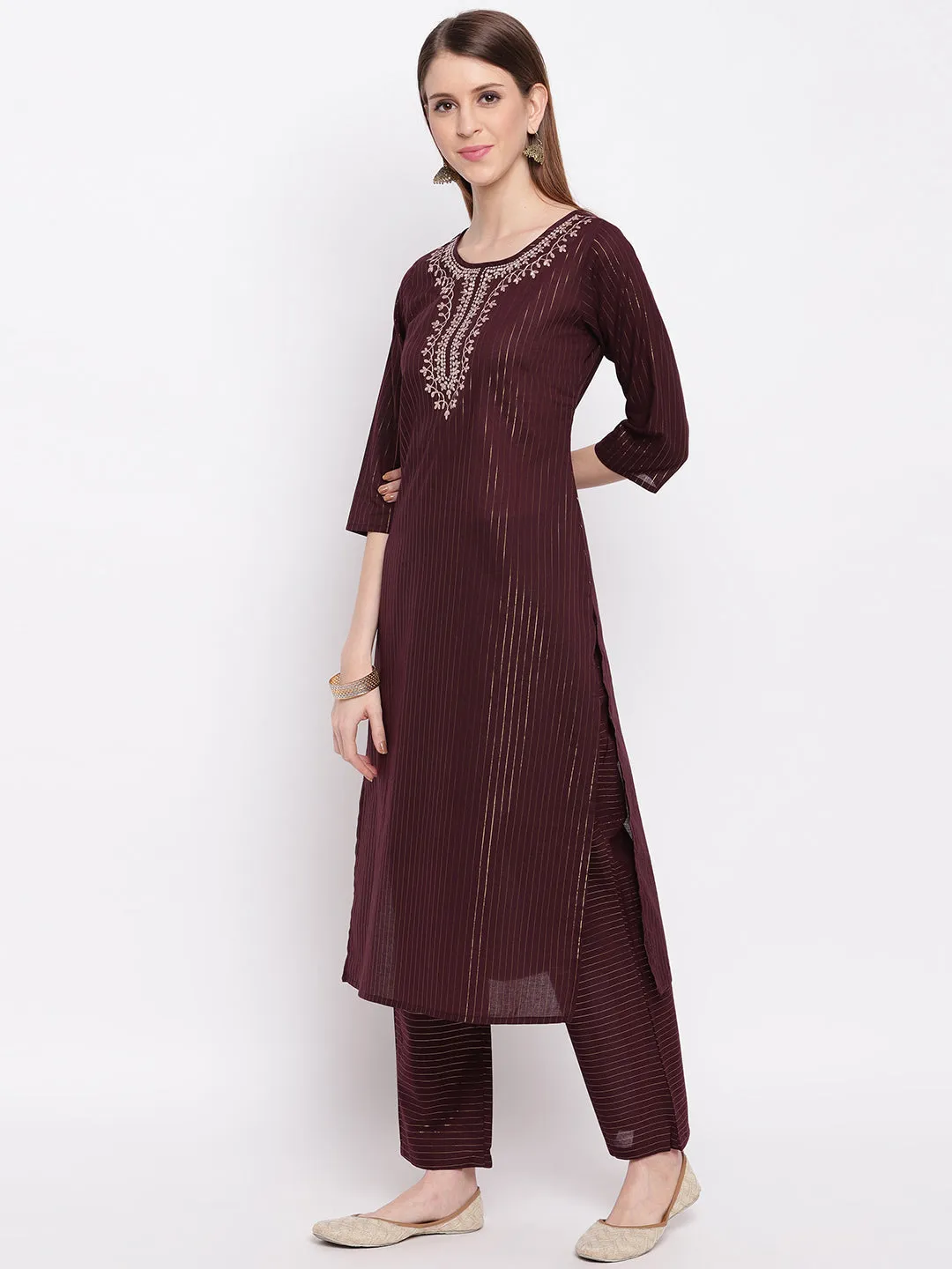 Women'S Embroidered / Striped Print Straight  Maroon(Wine) Kurti With Pant Set