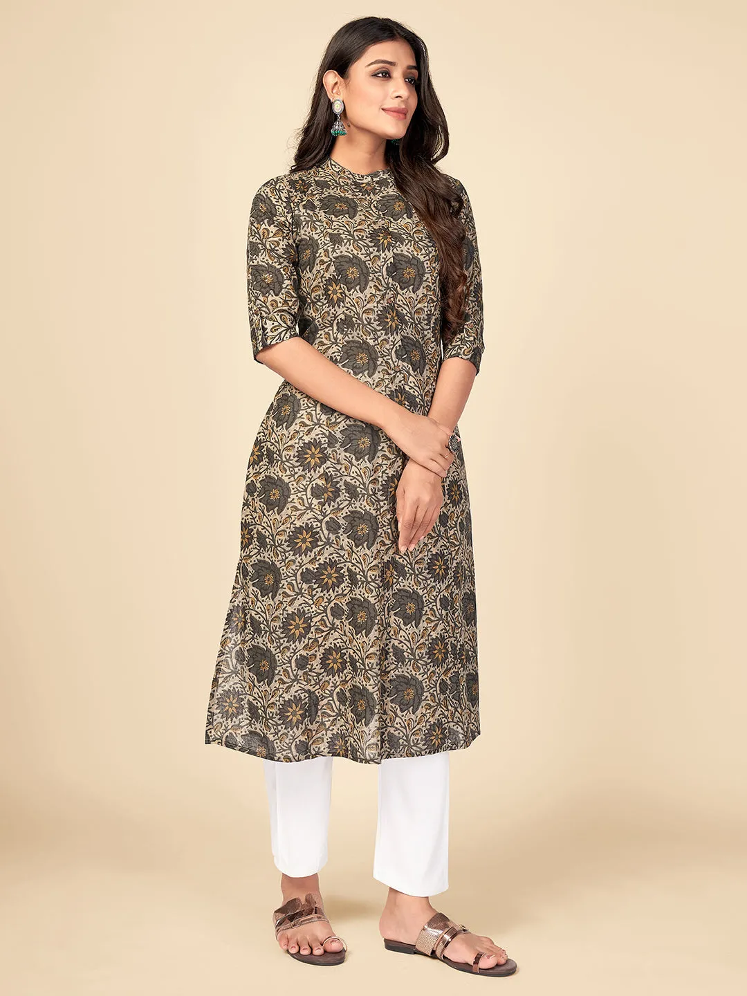 Women'S Floral Print A-Line Cotton Grey Kurta With Multiple Slit