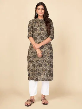 Women'S Floral Print A-Line Cotton Grey Kurta With Multiple Slit