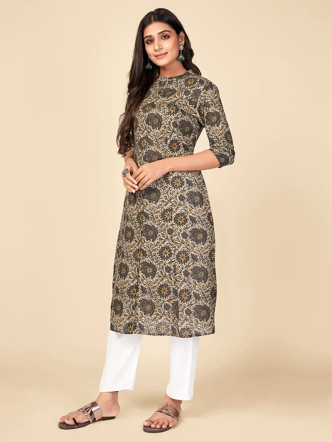 Women'S Floral Print A-Line Cotton Grey Kurta With Multiple Slit