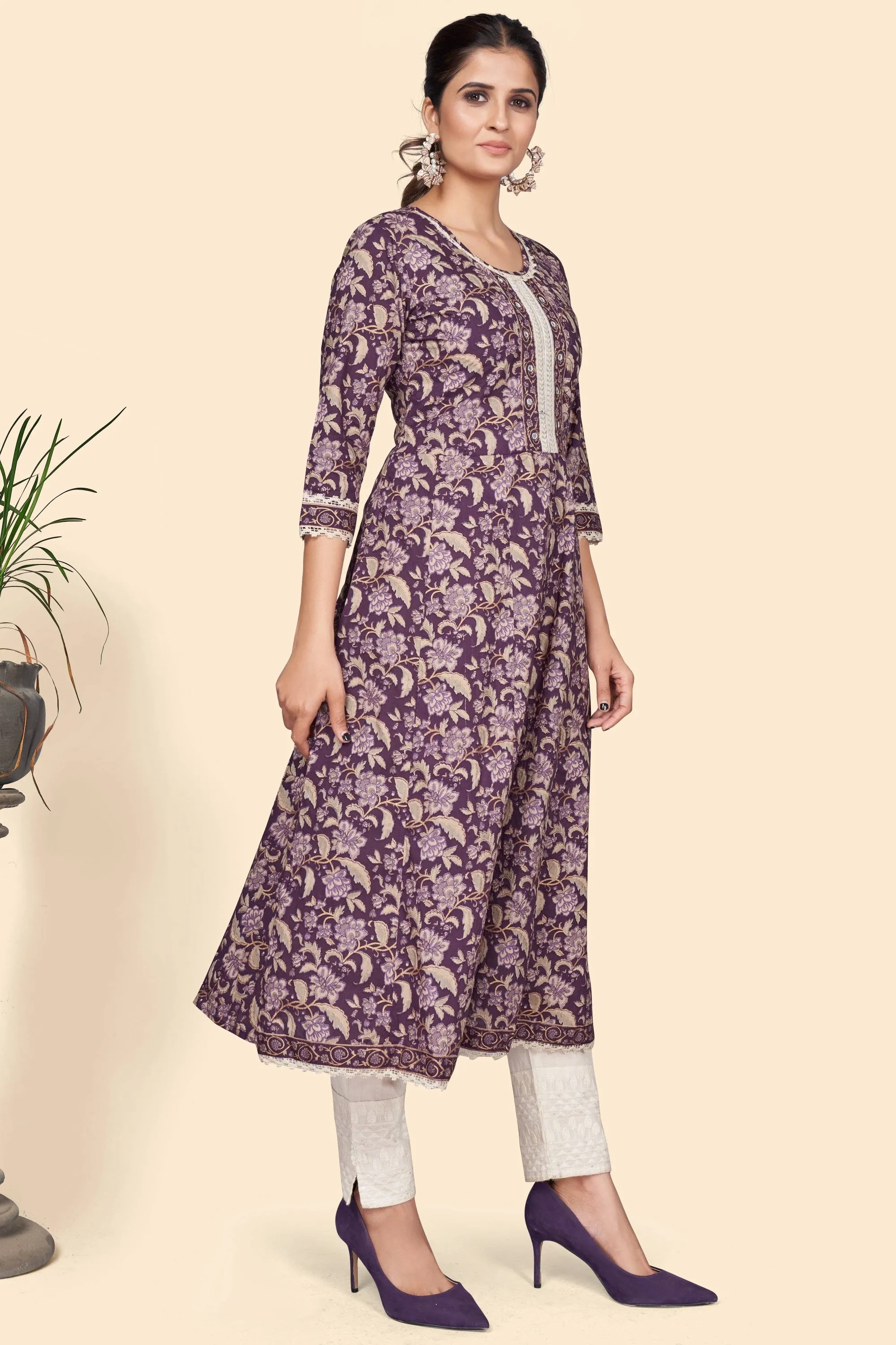 Women'S Floral Print A-Line Cotton Purple Stitched Kurta