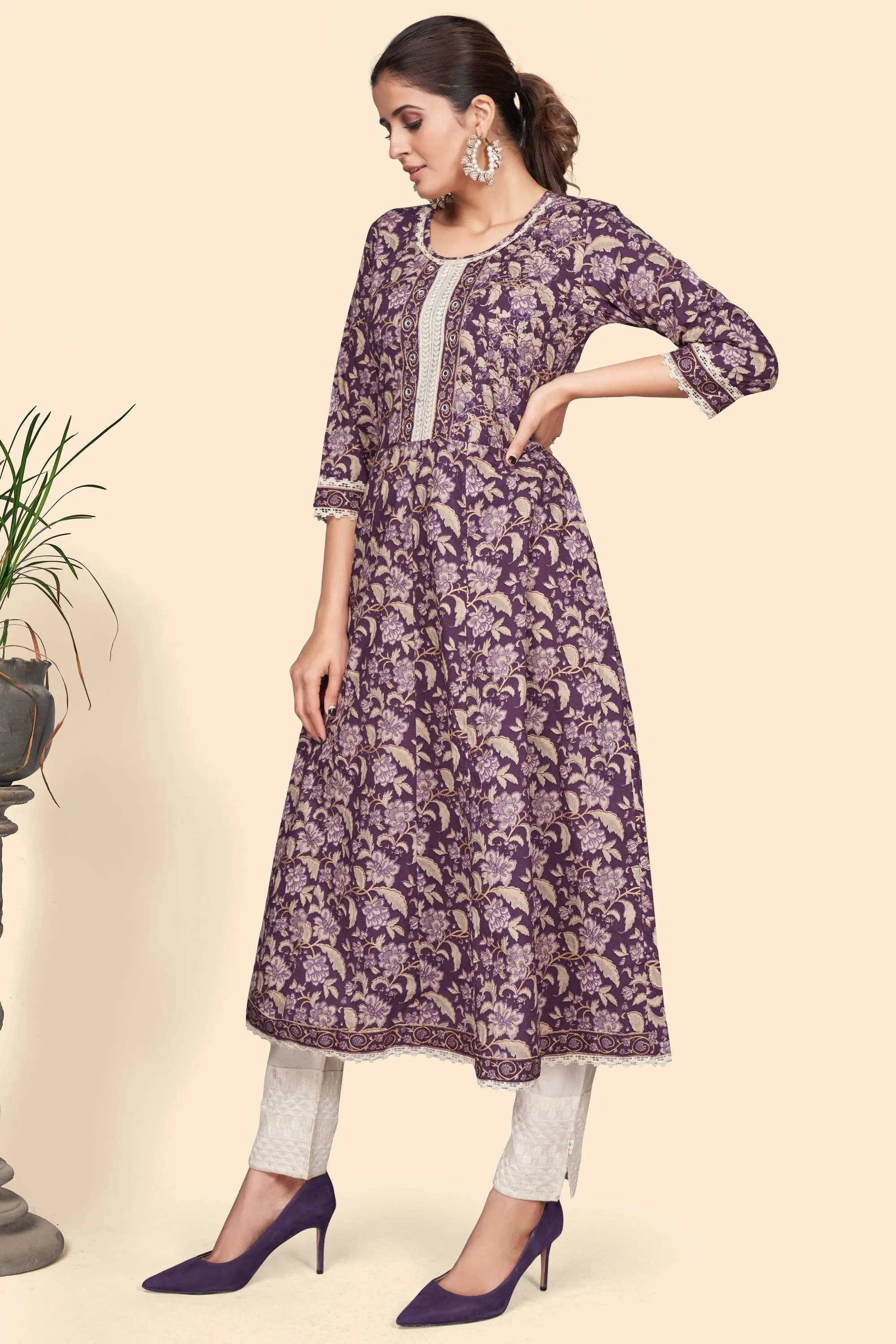 Women'S Floral Print A-Line Cotton Purple Stitched Kurta