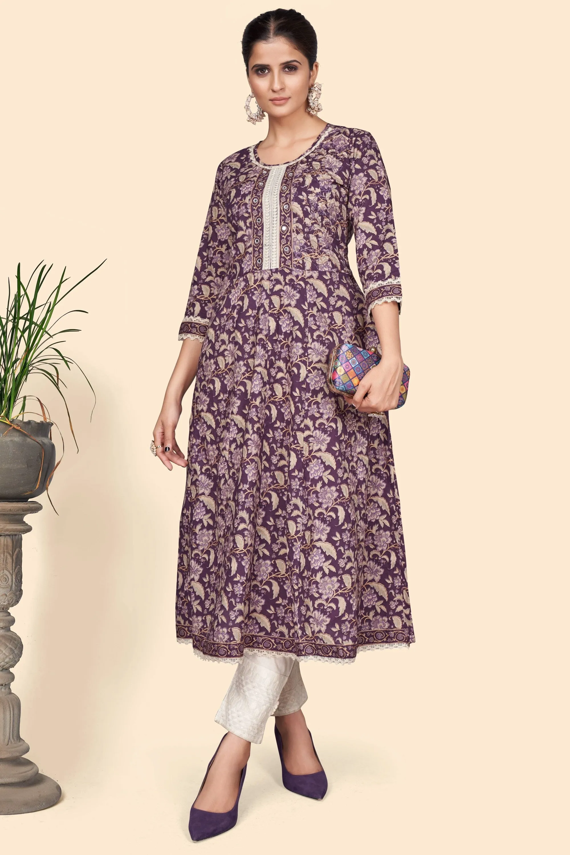 Women'S Floral Print A-Line Cotton Purple Stitched Kurta