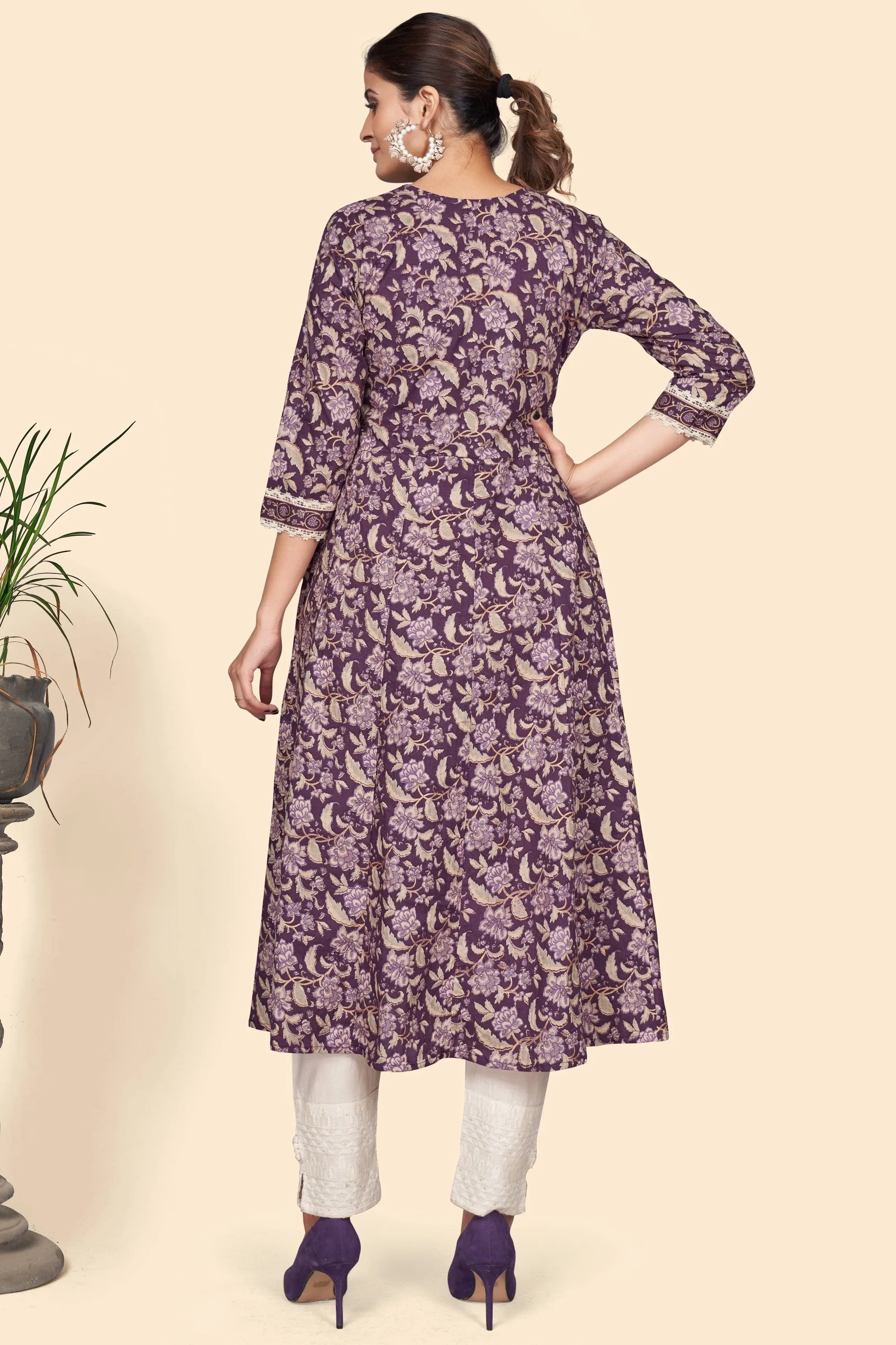 Women'S Floral Print A-Line Cotton Purple Stitched Kurta