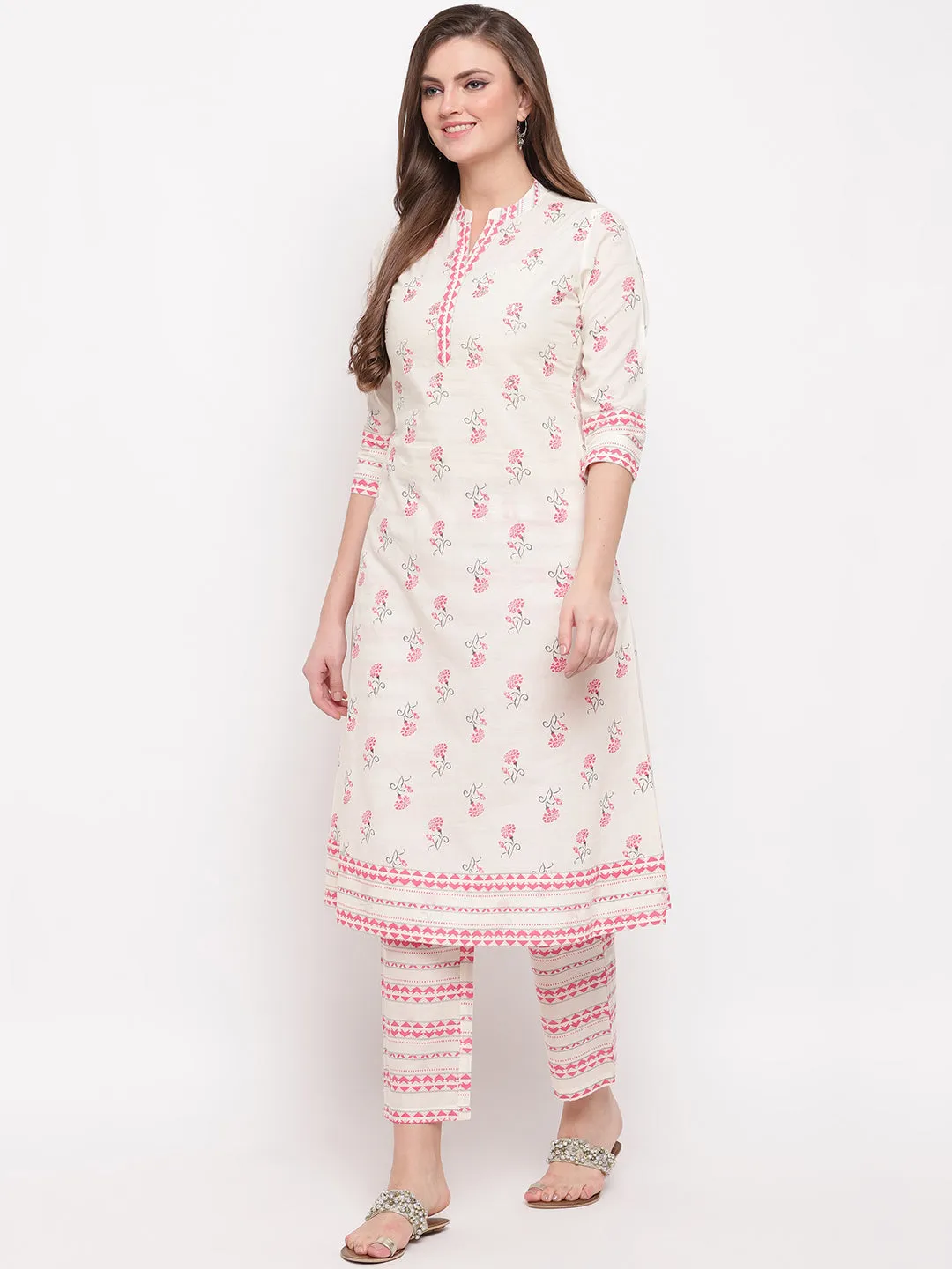 Women'S Floral Print & Embroidered A-Line Cotton White Kurti