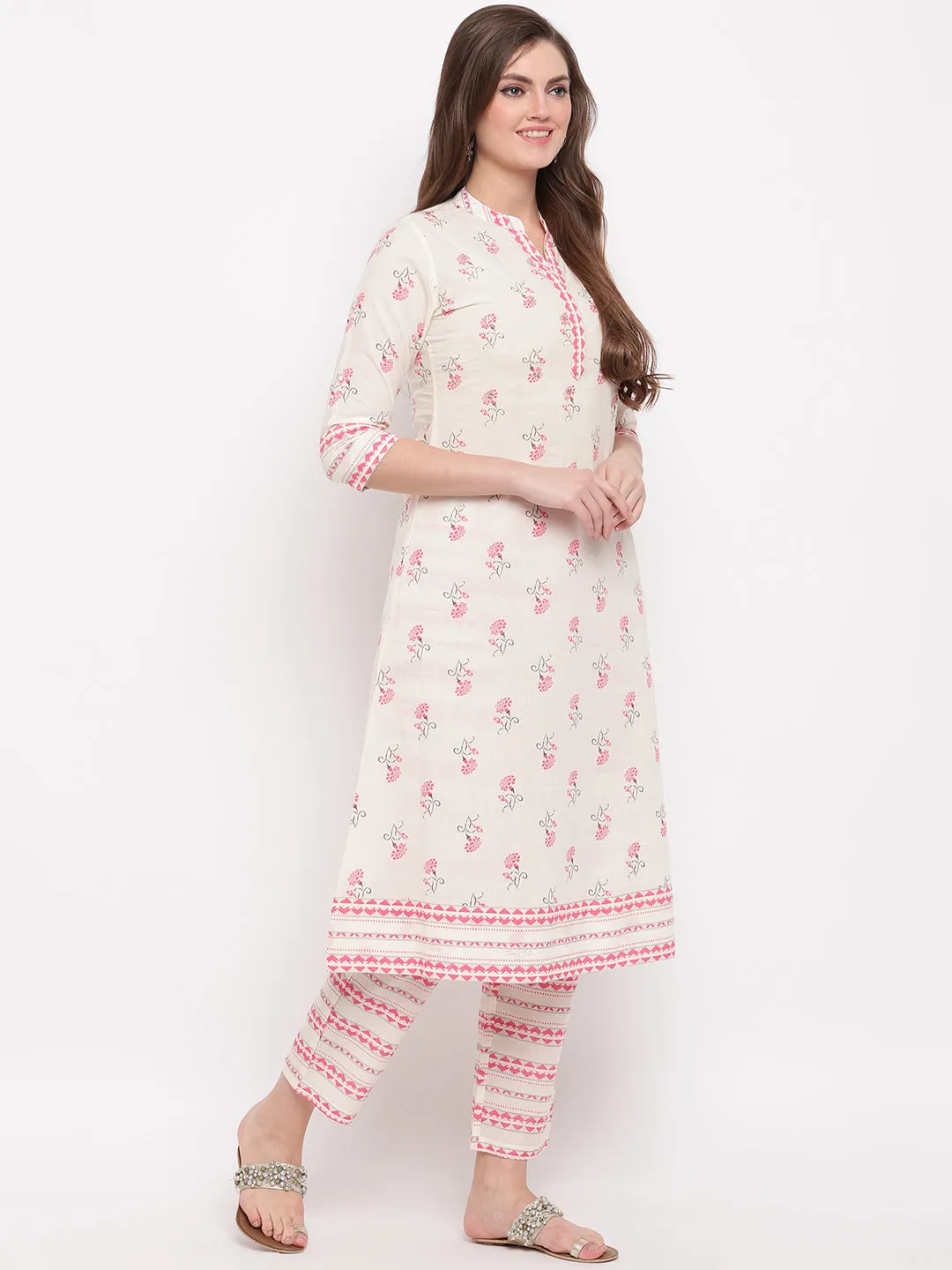 Women'S Floral Print & Embroidered A-Line Cotton White Kurti