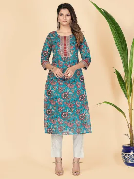 Women'S Floral Print & Gota Patti Straight Cotton Teal Stitched Kurta