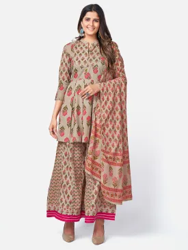 Women'S Floral Print & Sequence Work Round Flared Cotton Light Grey Kurta Pant With Dupatta