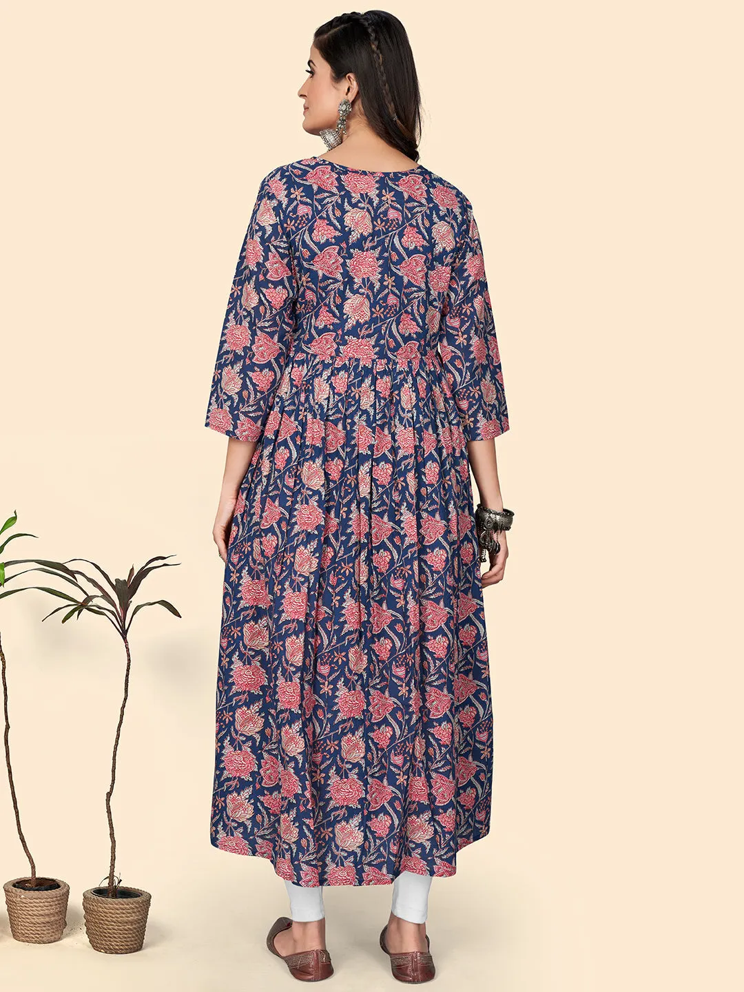 Women'S Floral Print Anarkali Cotton Blue Stitched Kurta