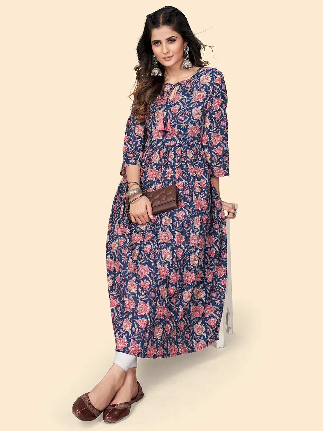 Women'S Floral Print Anarkali Cotton Blue Stitched Kurta