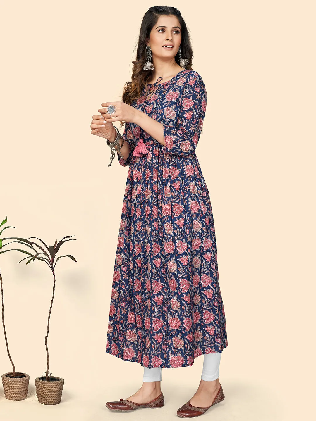 Women'S Floral Print Anarkali Cotton Blue Stitched Kurta