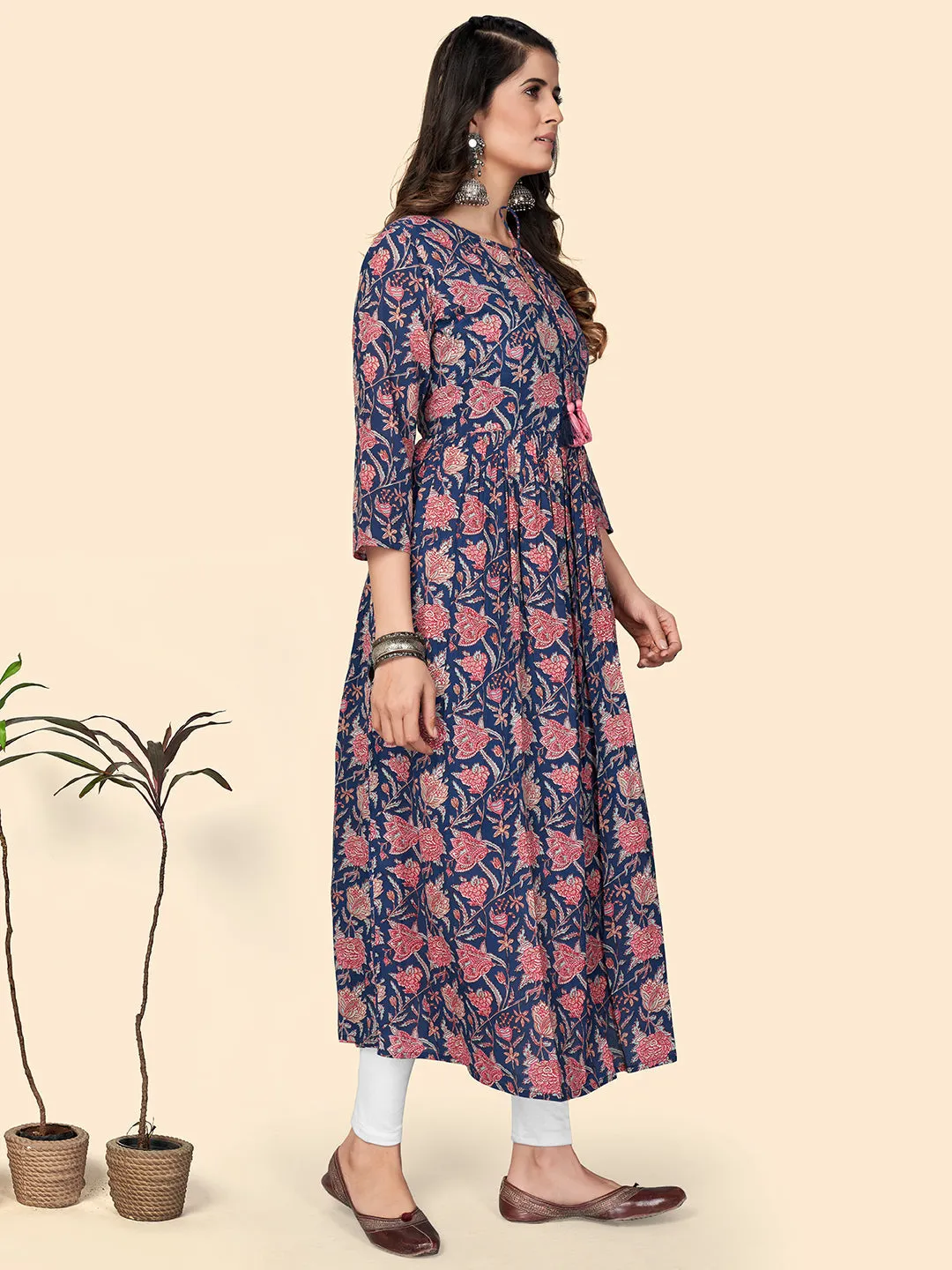 Women'S Floral Print Anarkali Cotton Blue Stitched Kurta