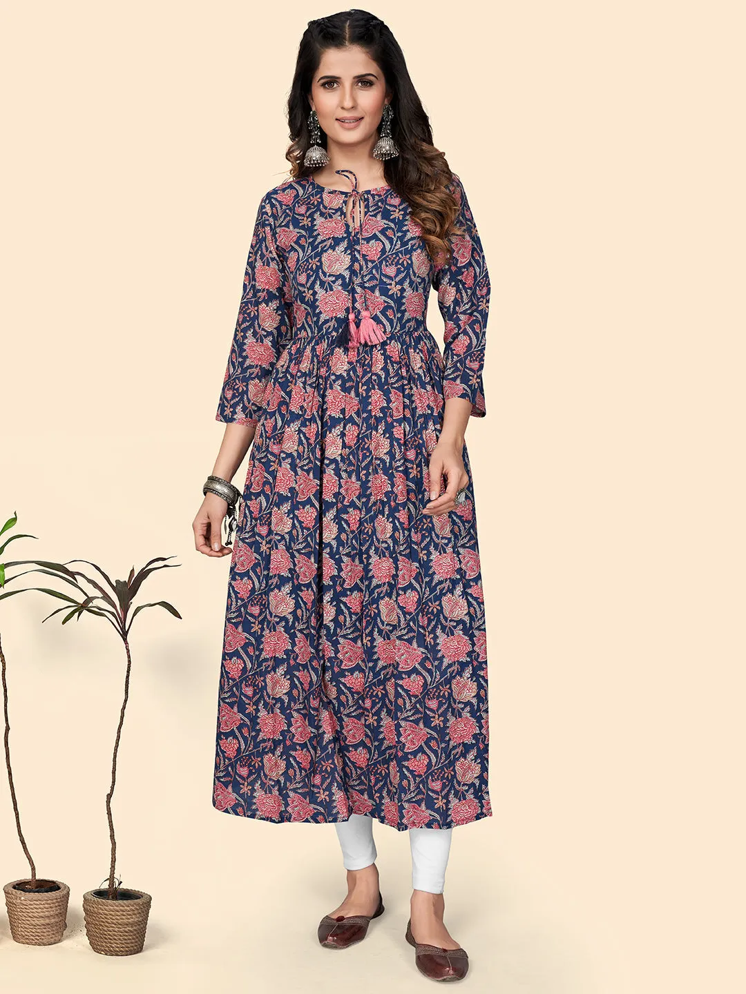 Women'S Floral Print Anarkali Cotton Blue Stitched Kurta