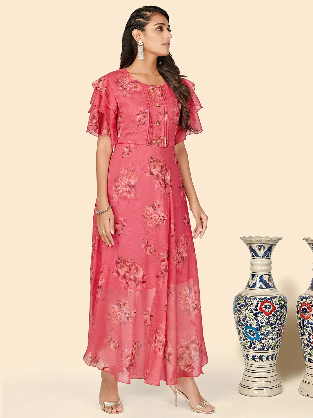 Women'S Floral Print Anarkali Georgette Pink Stitched Kurta