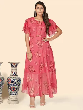 Women'S Floral Print Anarkali Georgette Pink Stitched Kurta