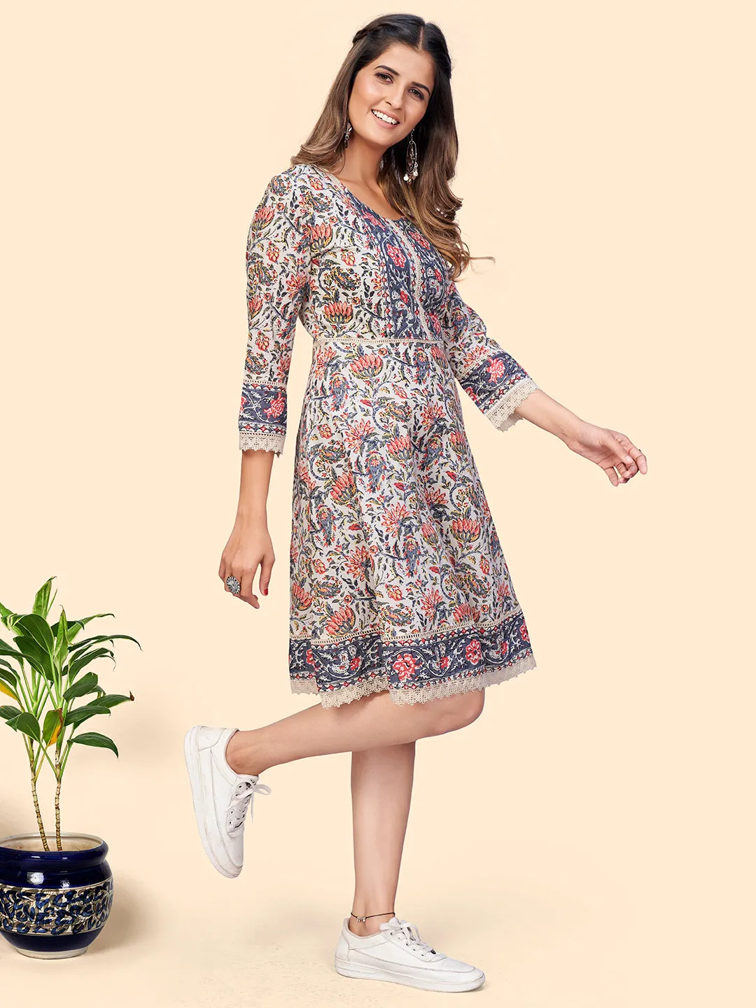 Women'S Floral Print Flared Cotton Beige Stitched Dress