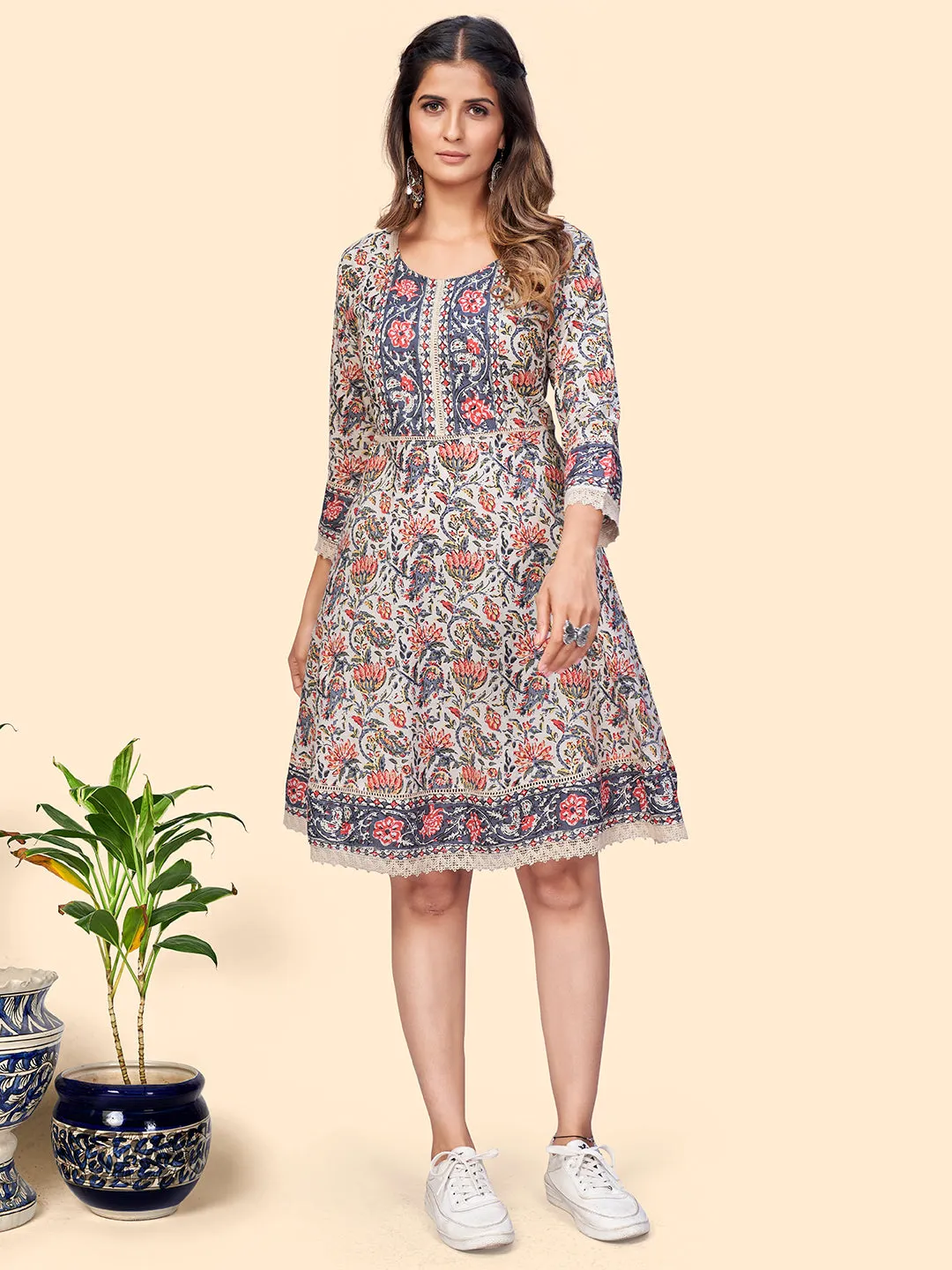 Women'S Floral Print Flared Cotton Beige Stitched Dress