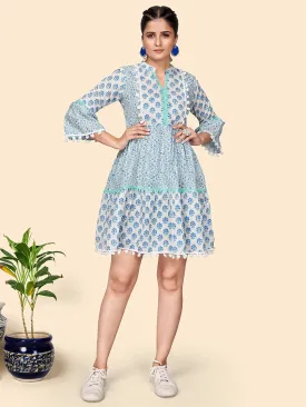 Women'S Floral Print Flared Cotton Blue Stitched Dress