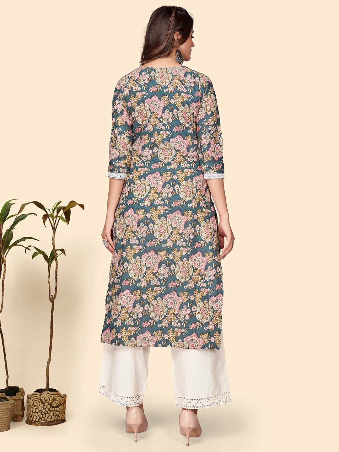 Women'S Floral Print Straight Cotton Blue Stitched Kurta