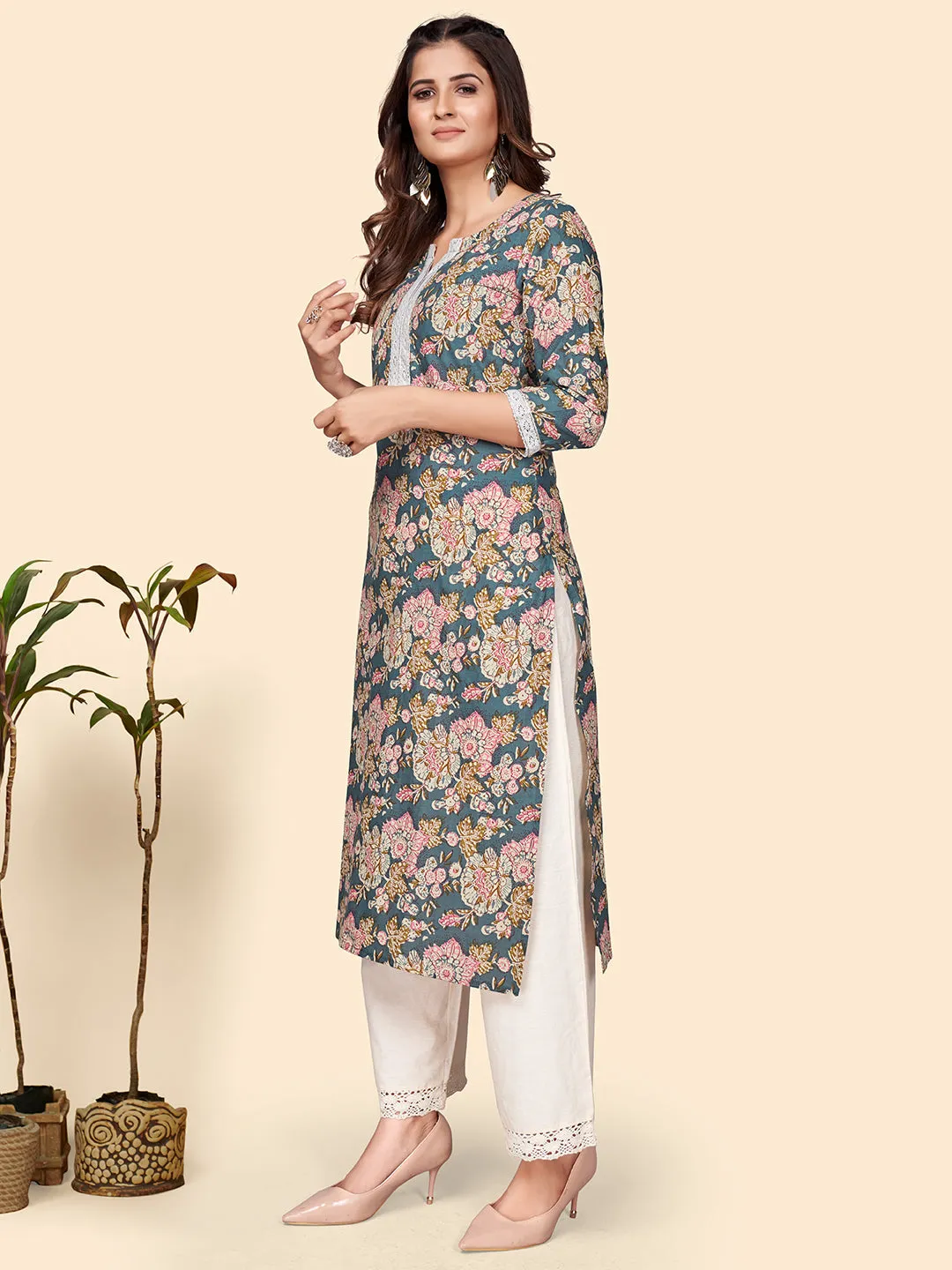 Women'S Floral Print Straight Cotton Blue Stitched Kurta