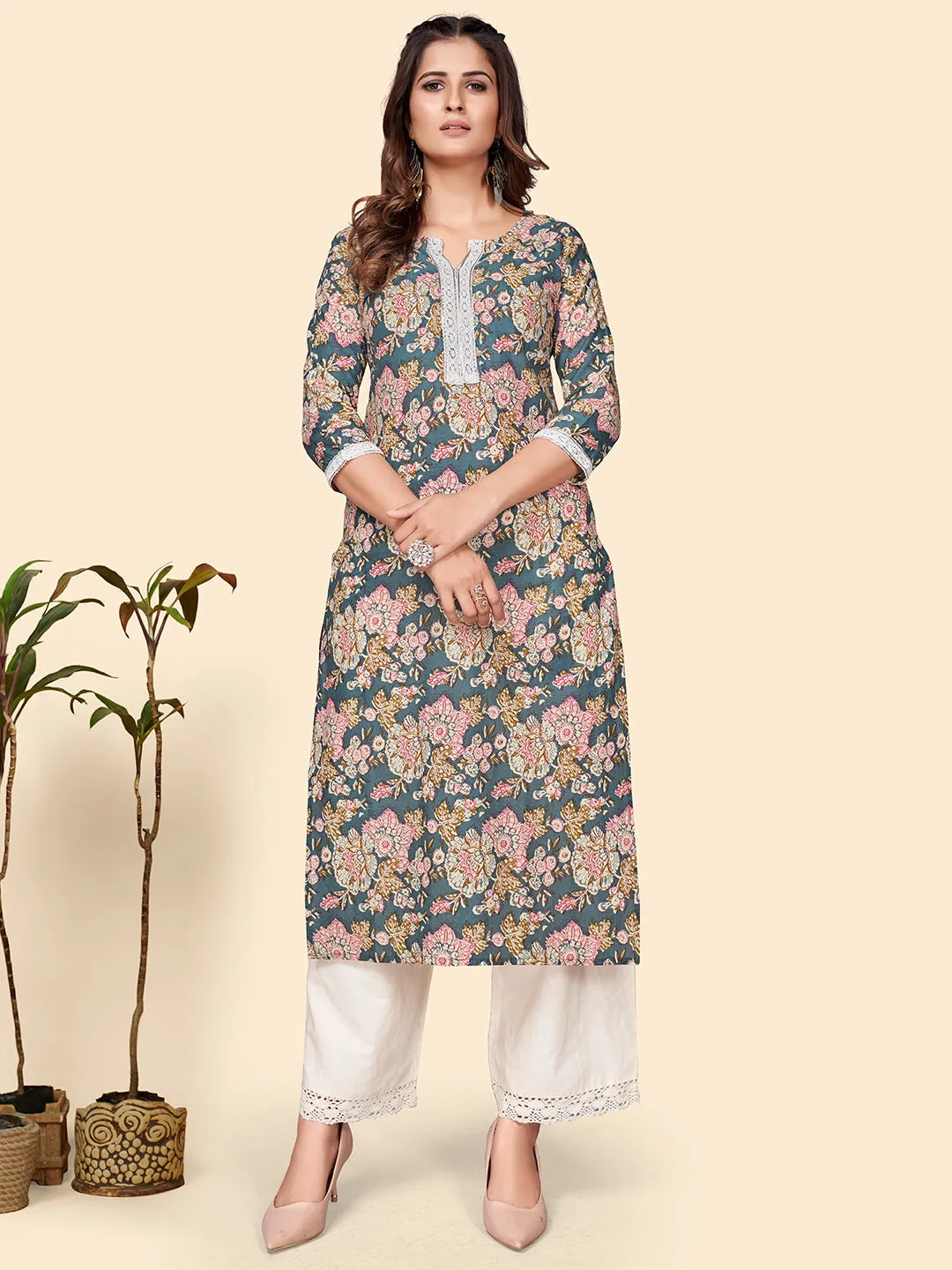 Women'S Floral Print Straight Cotton Blue Stitched Kurta