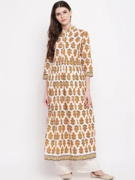 Women'S Floral Print,Gota Patti Work Anarkali Cotton Beige Kurti