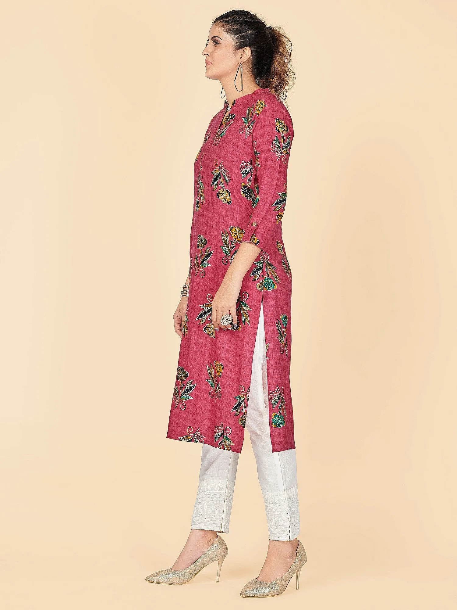 Women'S Foil Print Straight Rayon Pink Stitched Kurta