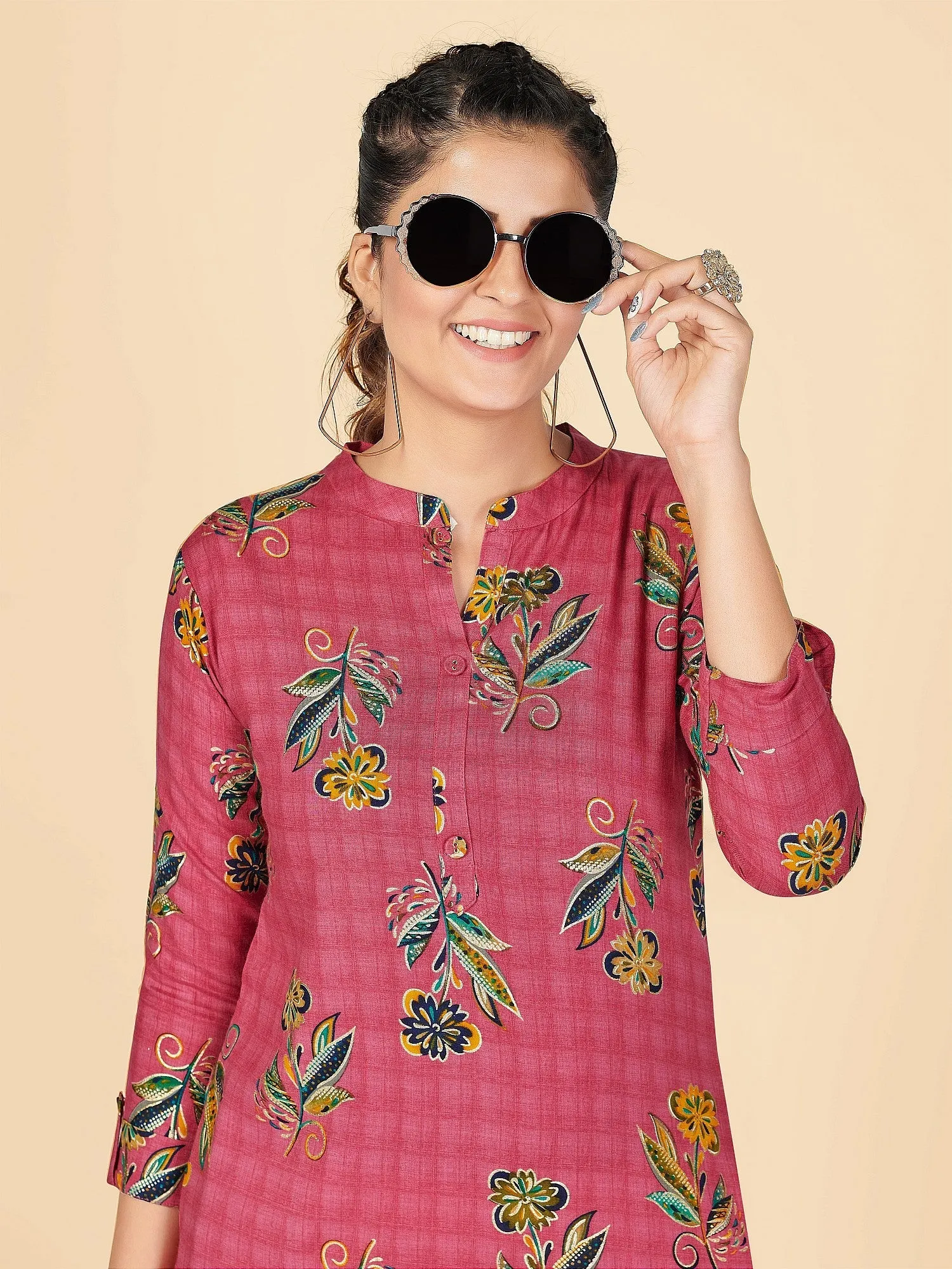 Women'S Foil Print Straight Rayon Pink Stitched Kurta