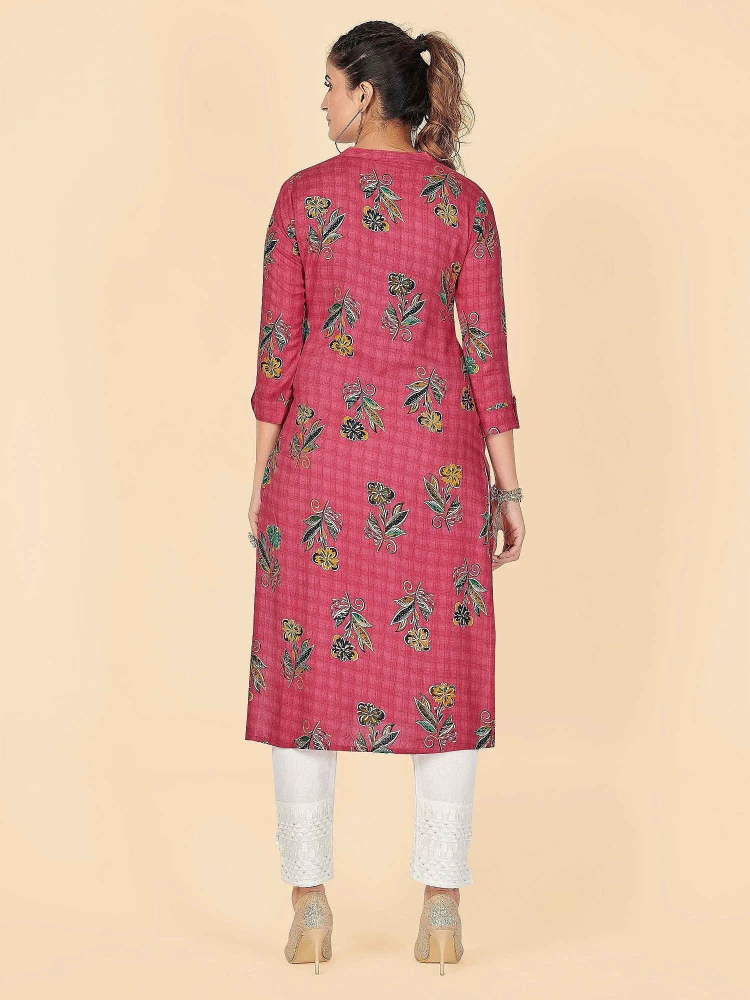 Women'S Foil Print Straight Rayon Pink Stitched Kurta