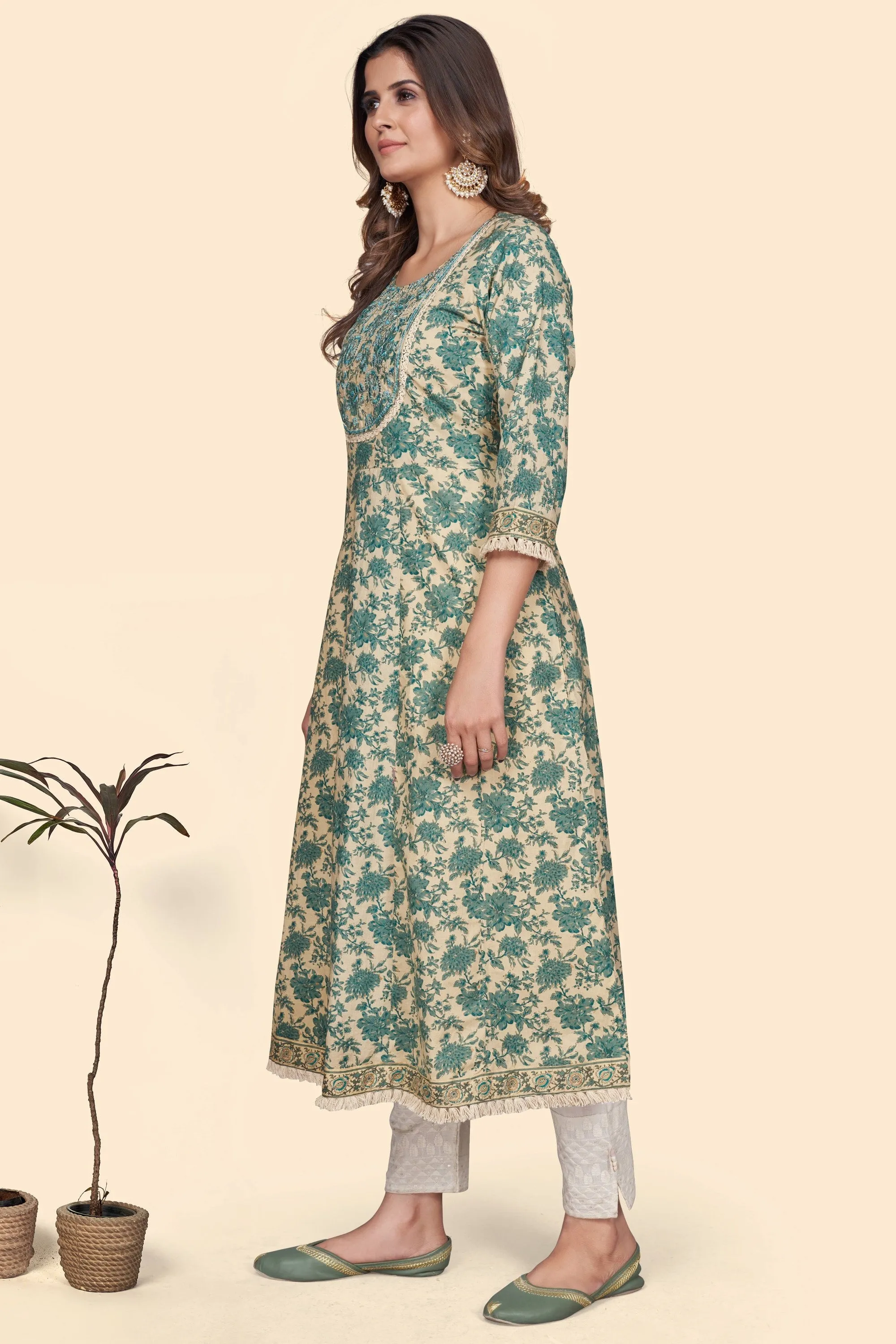 Women'S Print & Embroidered A-Line Cotton Turquoise Stitched Kurta