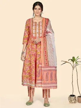 Women'S Print & Embroidered Anarkali Cotton Peach Stitched Kurta Pant With Dupatta