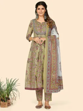 Women'S Print & Embroidered Anarkali Cotton Pista Stitched Kurta Pant With Dupatta