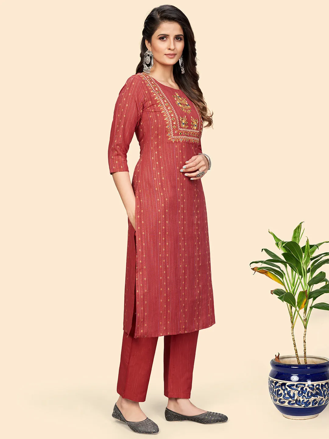 Women'S Print & Embroidered Straight Cotton Coral Stitched Kurta Pant With Dupatta