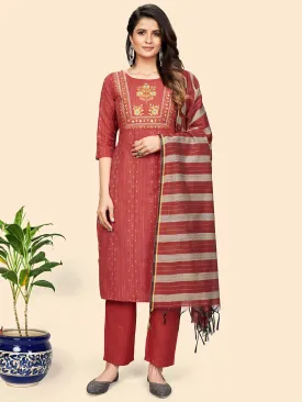 Women'S Print & Embroidered Straight Cotton Coral Stitched Kurta Pant With Dupatta