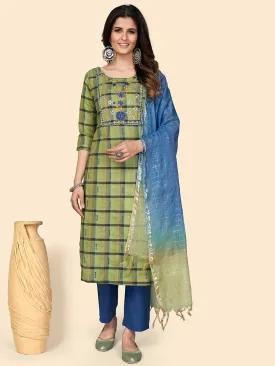 Women'S Print & Embroidered Straight Cotton Parrot Green Stitched Kurta Pant With Dupatta