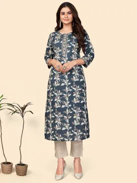 Women'S Print & Gota Patti Straight Cotton Dark Grey Stitched Kurta