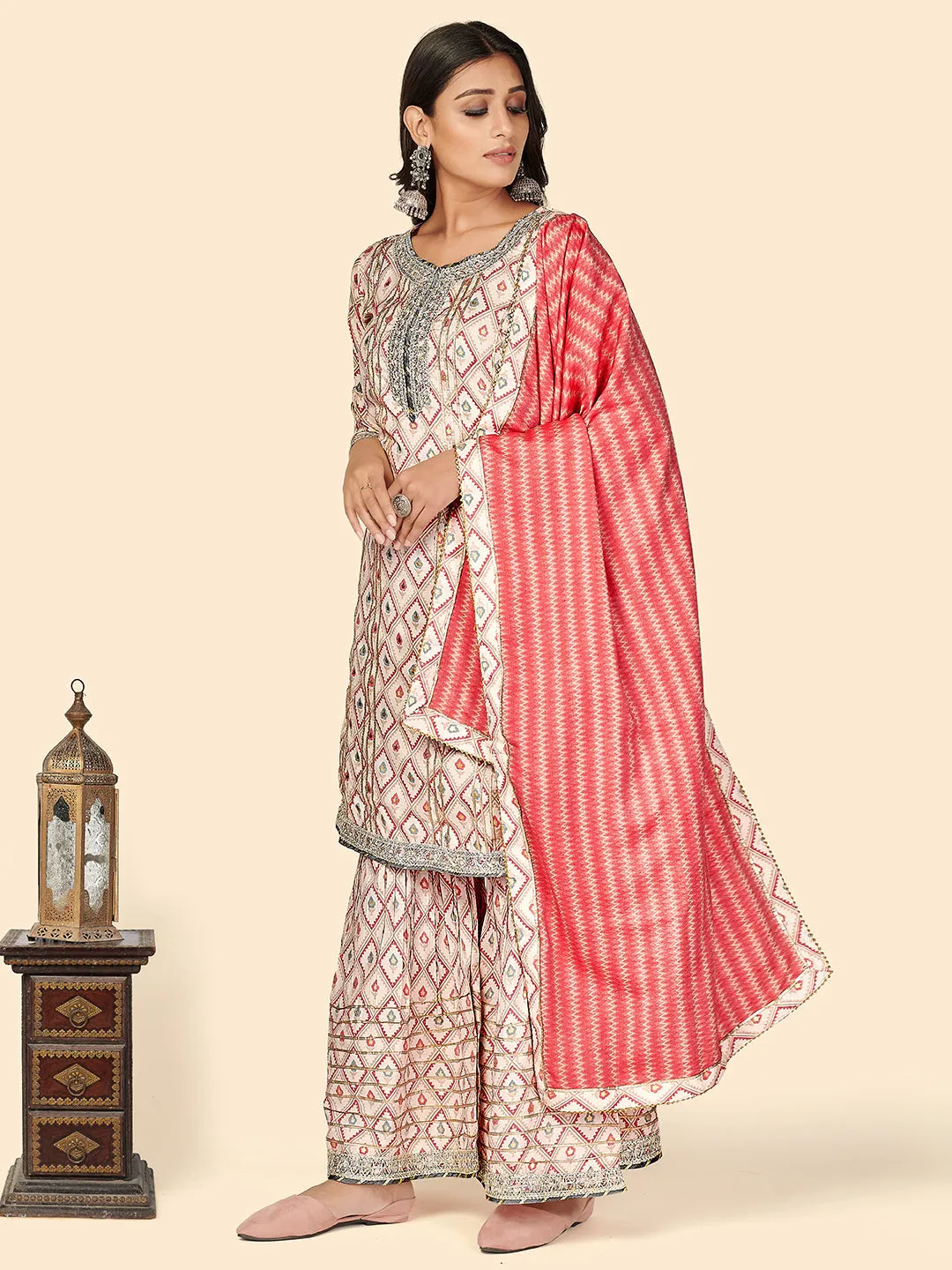 Women'S Print & Gota Patti Straight Muslin Pink Stitched Kurta Sharara With Dupatta