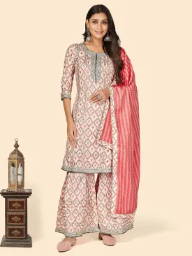 Women'S Print & Gota Patti Straight Muslin Pink Stitched Kurta Sharara With Dupatta