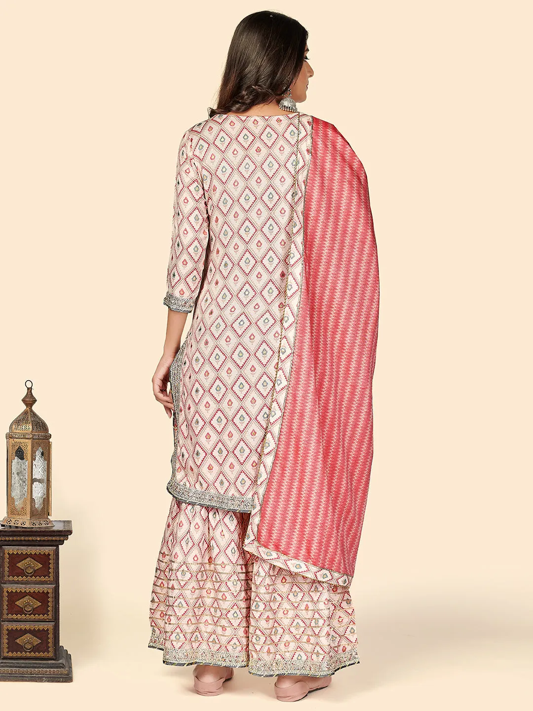 Women'S Print & Gota Patti Straight Muslin Pink Stitched Kurta Sharara With Dupatta