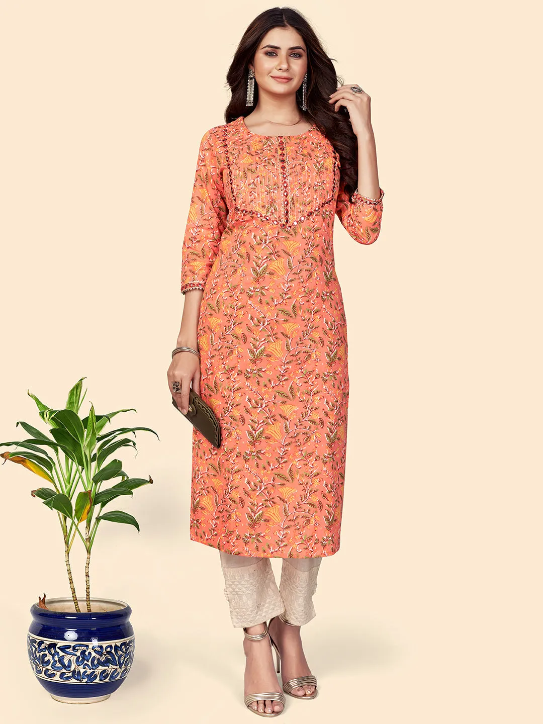 Women'S Print & Mirror Work Straight Cotton Orange Stitched Kurta