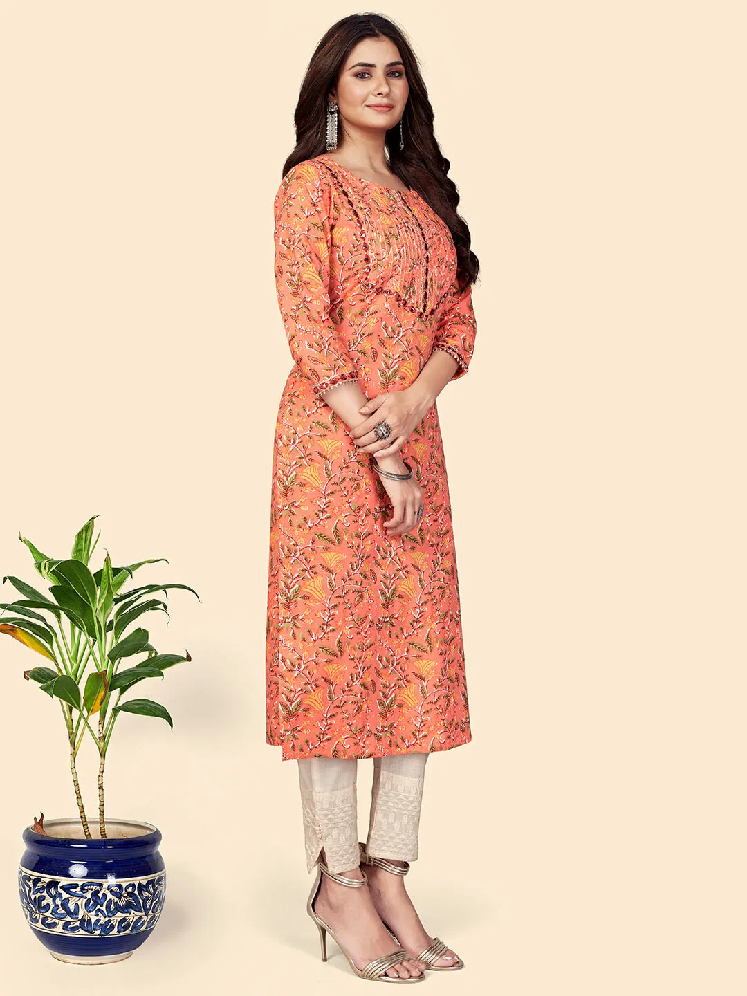 Women'S Print & Mirror Work Straight Cotton Orange Stitched Kurta