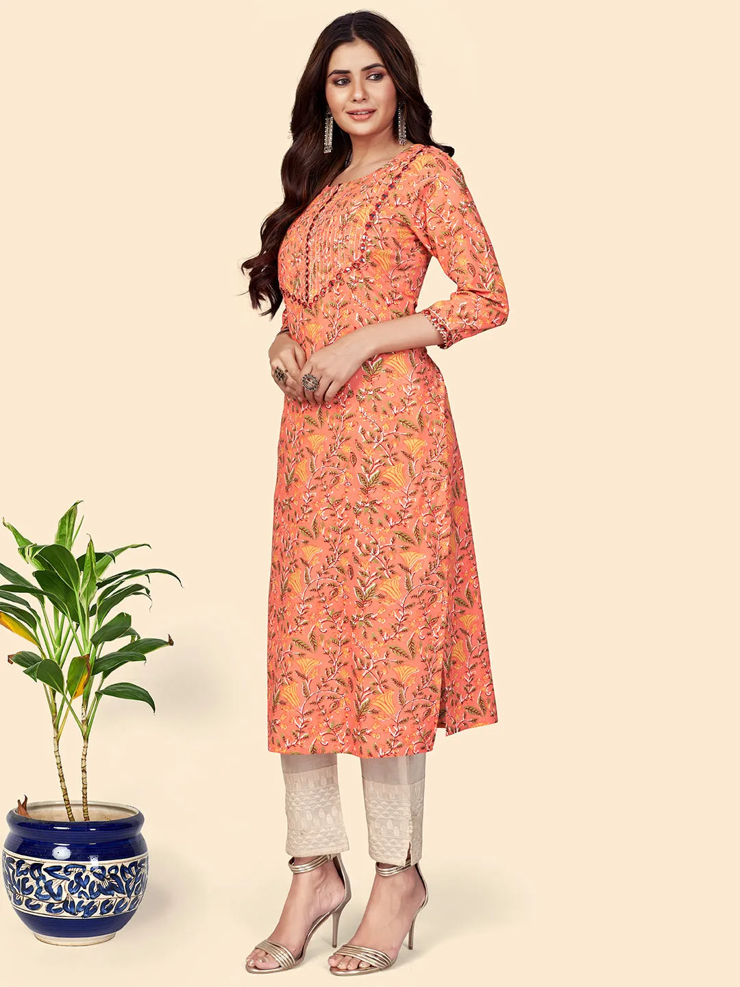 Women'S Print & Mirror Work Straight Cotton Orange Stitched Kurta